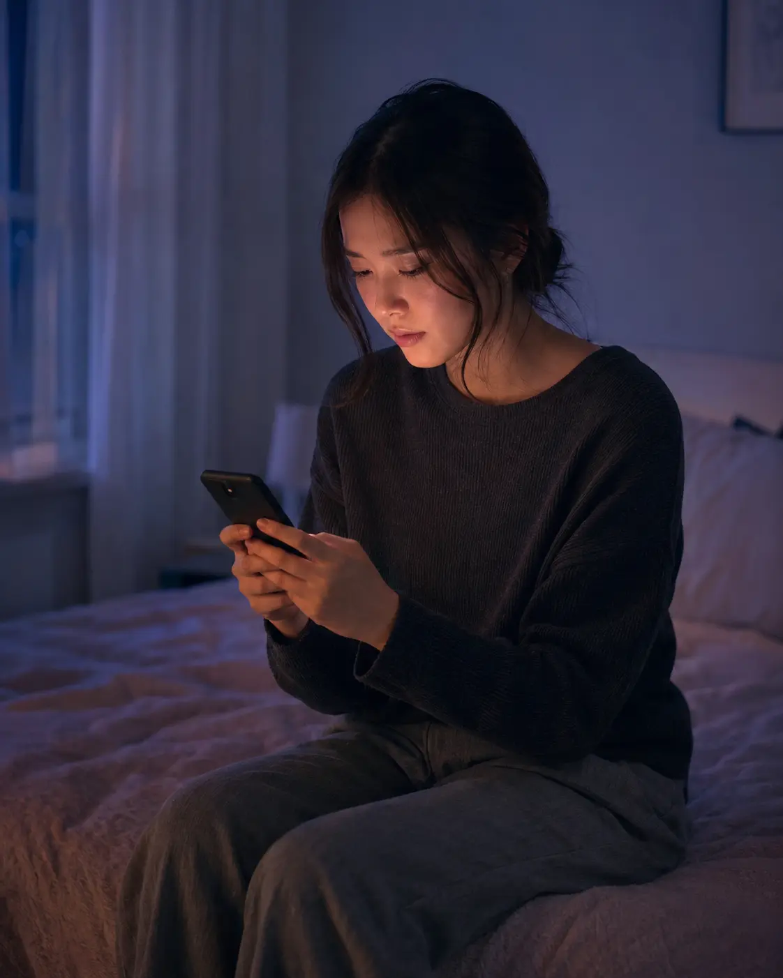 夜、一人でスマートフォンを見つめる女性